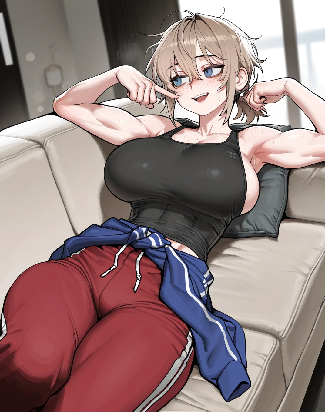 score_9, score_8_up, score_7_up, score_6_up, source_anime, BREAK by ikuchan kaoru, iku, clean color, flat color, sitting, indoors, presenting breasts, couch, muscular, extremely muscular, 1girl, bodybuilder, muscle girl,wattson, smug grin, holding laugh, knotted bra, bra
