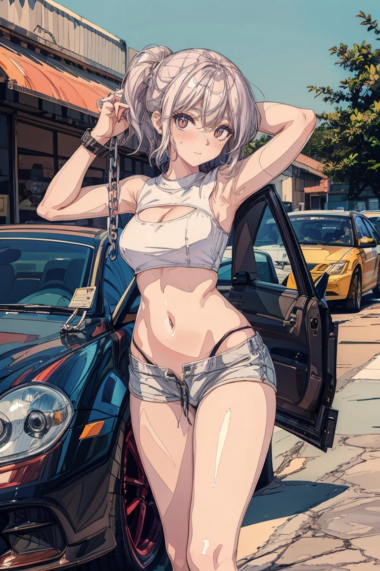 1 mulher, olhos castanho palpebras dupla rosto detalhado boca grande ultra realista cabelo longo estlio alerquina .peito grande corpo natural bunda grande detalhada, roupa estlio outif trap, Pose sitting on the floor of a deserted street at night