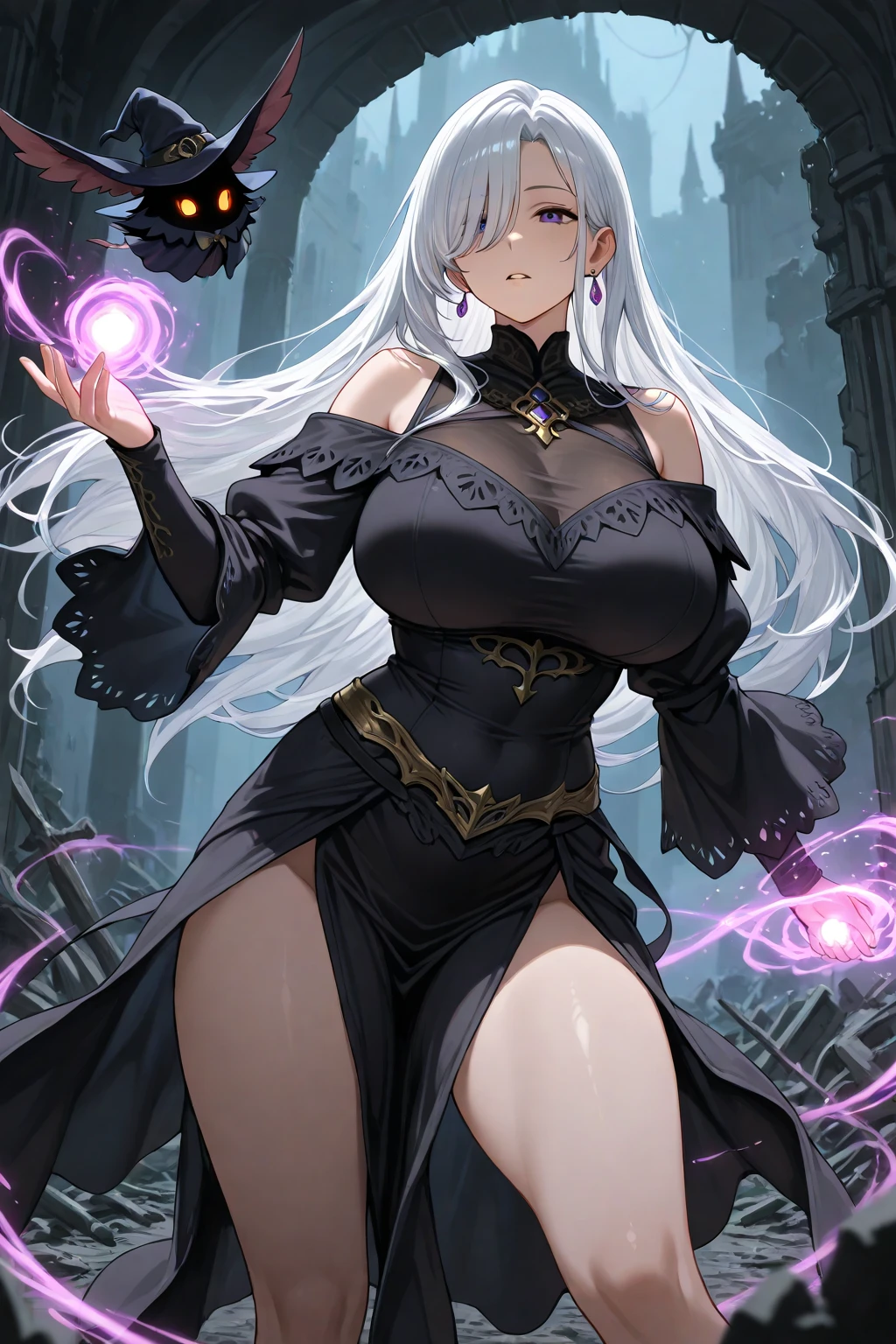 (Triplets)(chest covered)(smile)Gray skin, pale golden hair and violet eyes. They prefer clothing of white and silver with cloaks of deep blue or purple,village background, huge_knockers, ((very precise detailed)), ((highres)
