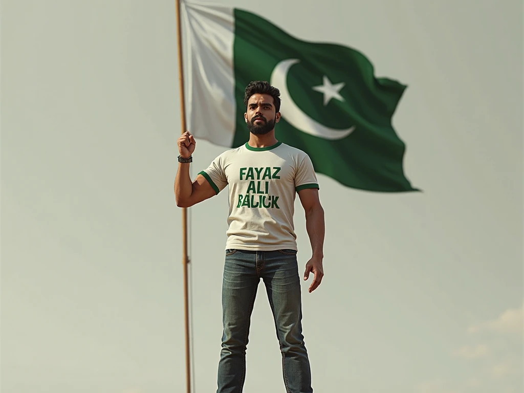 Happy Independence Day 14 August 2024 is written on big flag of Pakistan and a 25-year-old boy is standing in front of him wearing Army T-shirt, with name "Uzair" written on t shirt, and holding the Pakistani flag in his hand, 3D art painting realistic high quality photo