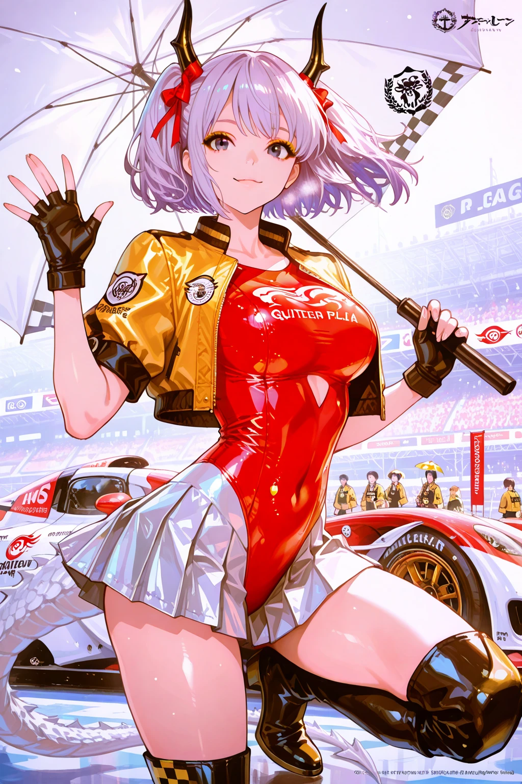 A woman wearing a race queen costume, leather boots, big breasts, smiling, holding a bar with a flag, standing on a race track, with a wide view of the lawn, blonde hair,short hair, hair with red bangs, multicolored hair, smiling, brown eyes, black racing car with red details on the back, perfect racing car. UHD , prime work , accurate , anatomically correct , textured skin , super details , high quality , best quality, 8k, high resolution, bokeh effect. (woman alone), close view.