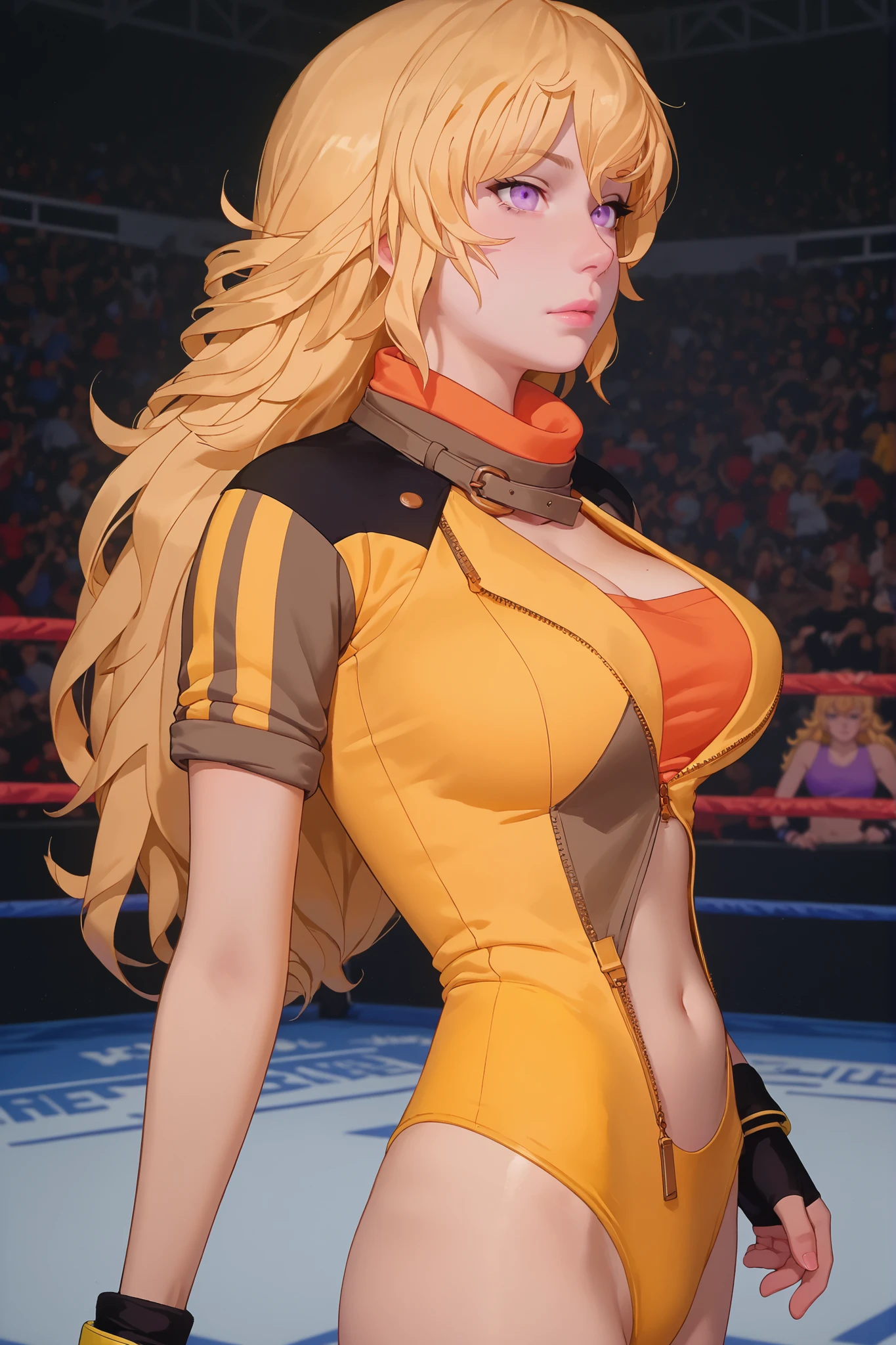 Yang xiao long from rwby, very long blonde hair, purple eyes, large breasts, slim body, thin legs, wrestling, yellow spandex, looking straight into the camera with a teasing gaze, soft natural light, sensual pose, intimate mood