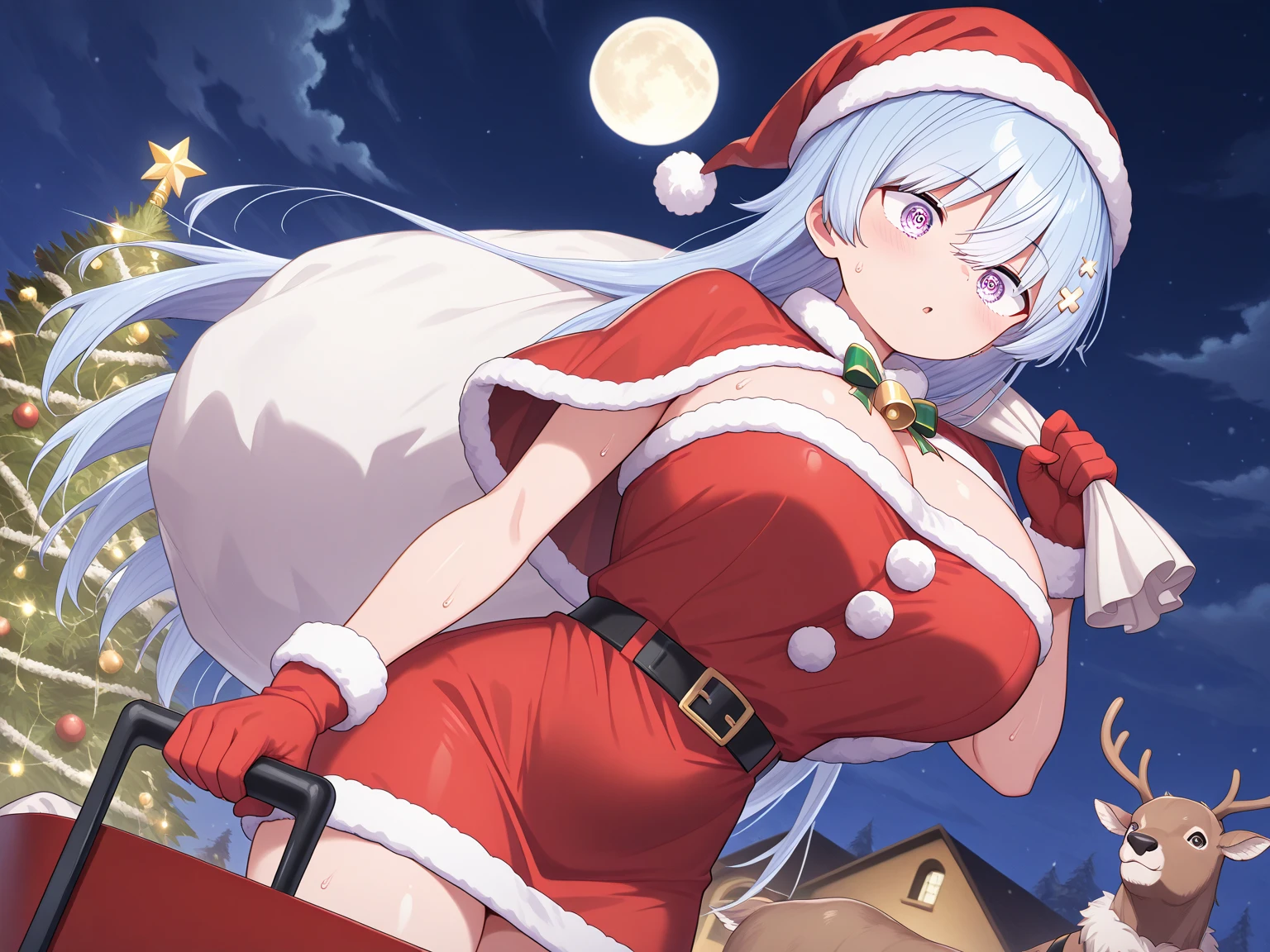 1 girl, game cg, Santa suit, shoulders visible, cleavage visible, belly button visible, Santa hat, gigantic breasts, silver hair, short hair, french braid, yellow eyes, night, Christmas, from the side, Christmas tree, outside, snow ,blush,