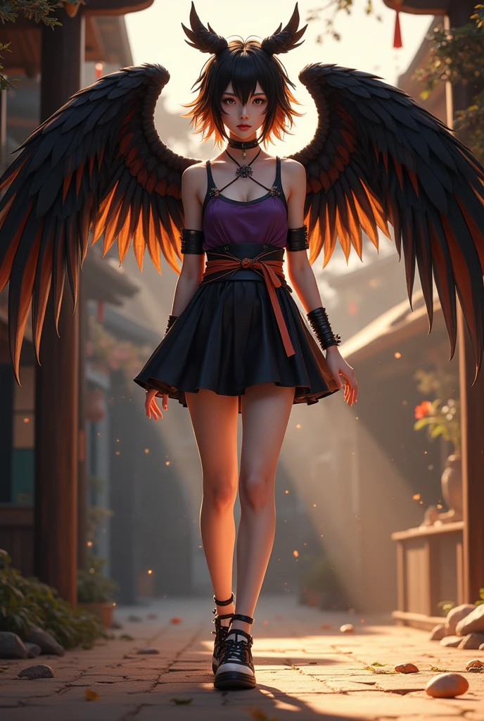 high quality 4k, a demon girl, a fallen angel with bright red wings behind her back, in a miniskirt, in a short top, very beautiful, she looks 18 years old, red hair falls from her shoulders, all this against the background of a detailed black hole in red tones