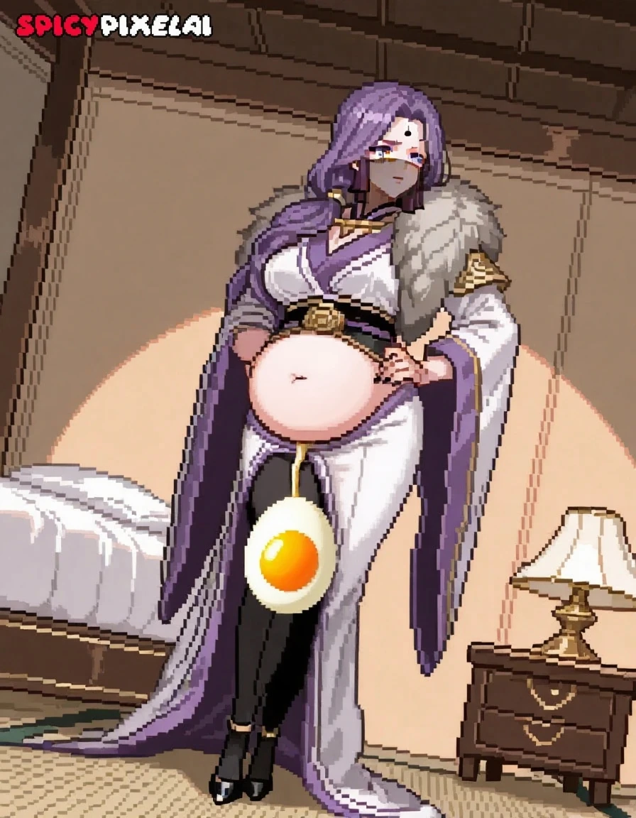 Mulher pregnant com vestido roxo gigante, high qualiy, awardwinning, high resolution, 8K , standing alone, 1woman, from the front, mellow, milf, purple cropped hair, blue colored eyes, long cloak decotado , tall woman, 29-years-old, milf, cuvilinear body, breasts small, huge ass , big-ass, pregnant, cabelo roxo, long cloak, hinterland, dress covers the legs, seducing gaze