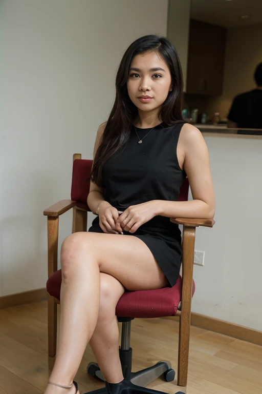 a young asian girl with brown skin, looking down, viewed from below, show bottom of shoe, wearing a black tight mini skirt, black dress, high heels, sitting on a throne, cross-legged, (best quality,4k,8k,highres,masterpiece:1.2),ultra-detailed,(realistic,photorealistic,photo-realistic:1.37),portrait,