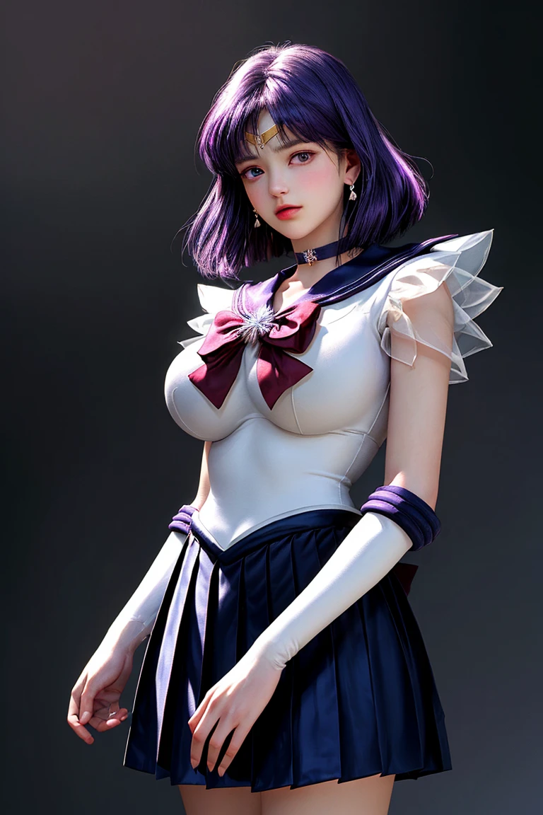 (ultra realistic,32k, masterpiece:1.2),(high detailed skin:1.1),( high quality:1.1),
<lora:sailormoon_sailorsaturn:0.8>sailor saturn,despair,purple hair, tiara, sailor senshi uniform, purple sailor collar, pleated skirt, elbow gloves, jewelry, brooch, choker, blank background blurry background,, huge breast,large breast,(looking at viewer, portrait:1.1), <lora:add_detail:0.78>,
(bioluminiscent:1.1),