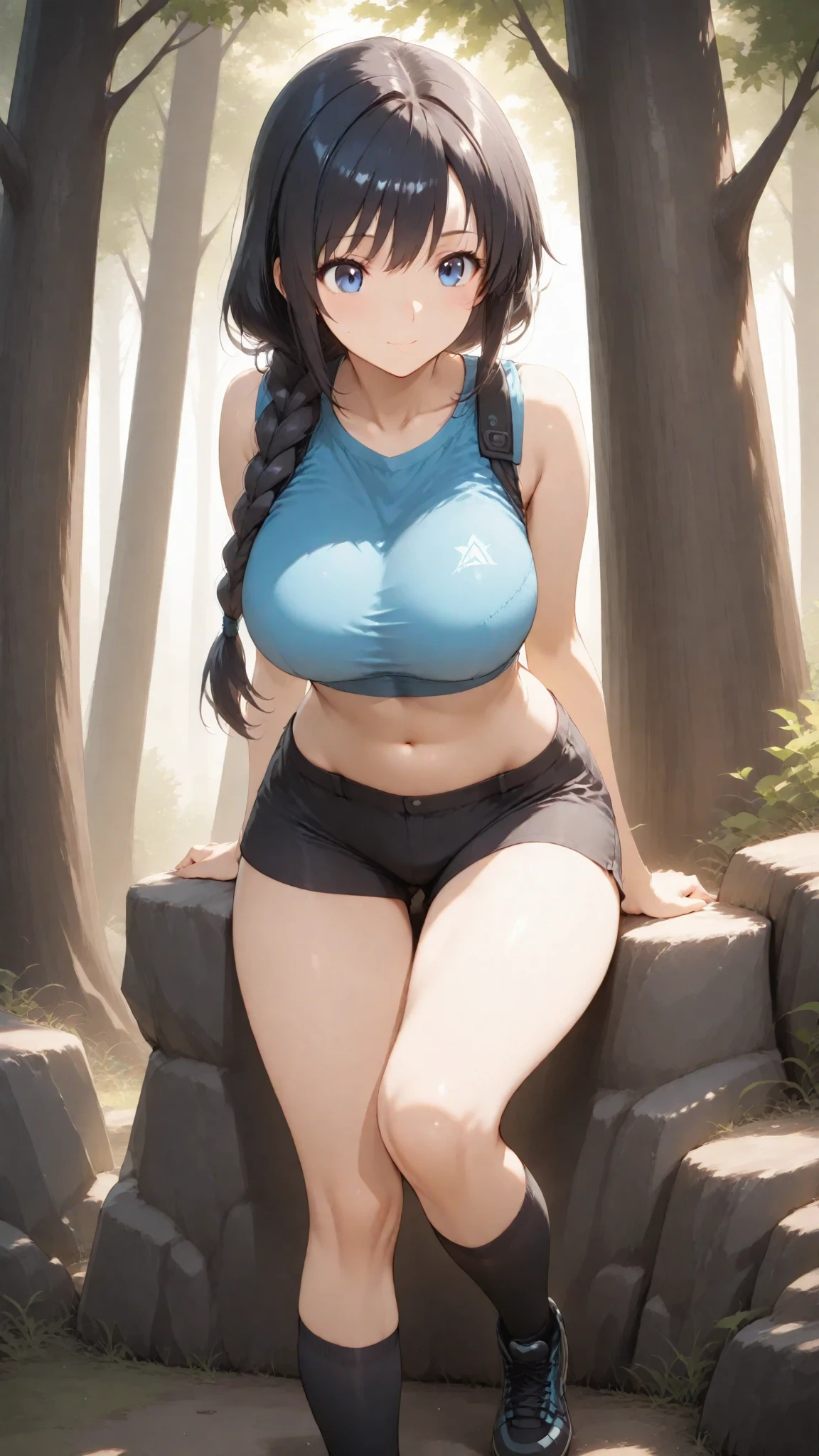 girl wear blue thin top sport t shirt, wet body, glasses, belly revealed, pastel blue long hair, top shot,((selfie)), forest background, kiss, beautiful, big breasts, flirtatious look, ((very detailed)), (perfectly detailed face), (well detailed hand), photorealistic image.