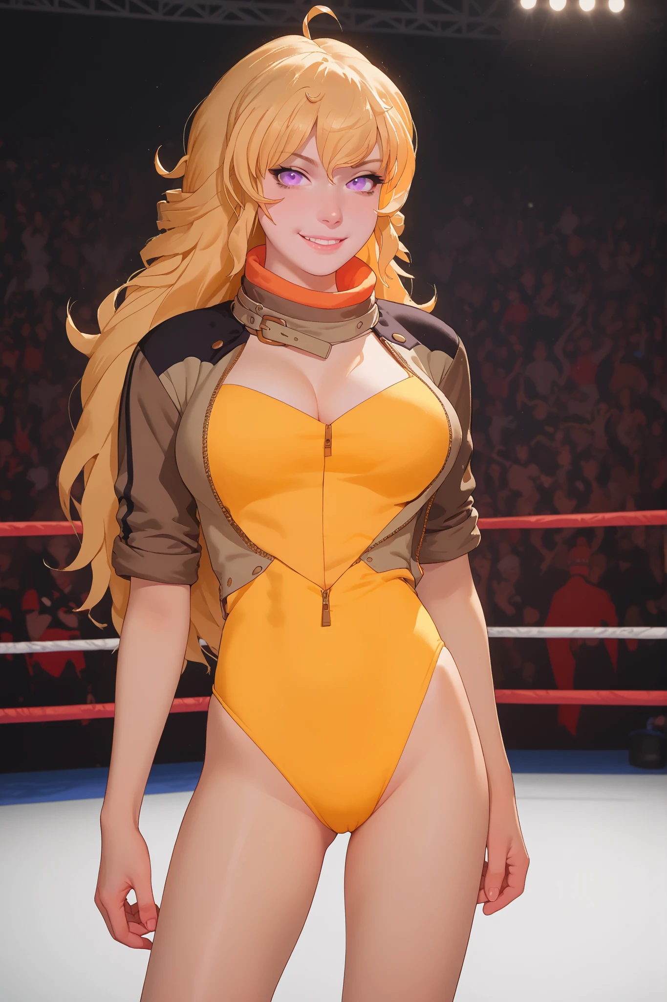 Yang xiao long from rwby, very long blonde hair, purple eyes, large breasts, slim body, thin legs, wrestling, yellow leotard, looking straight into the camera with a teasing gaze, soft natural light, sensual pose, intimate mood, confident expression, confident pose, smirking, fists up,
