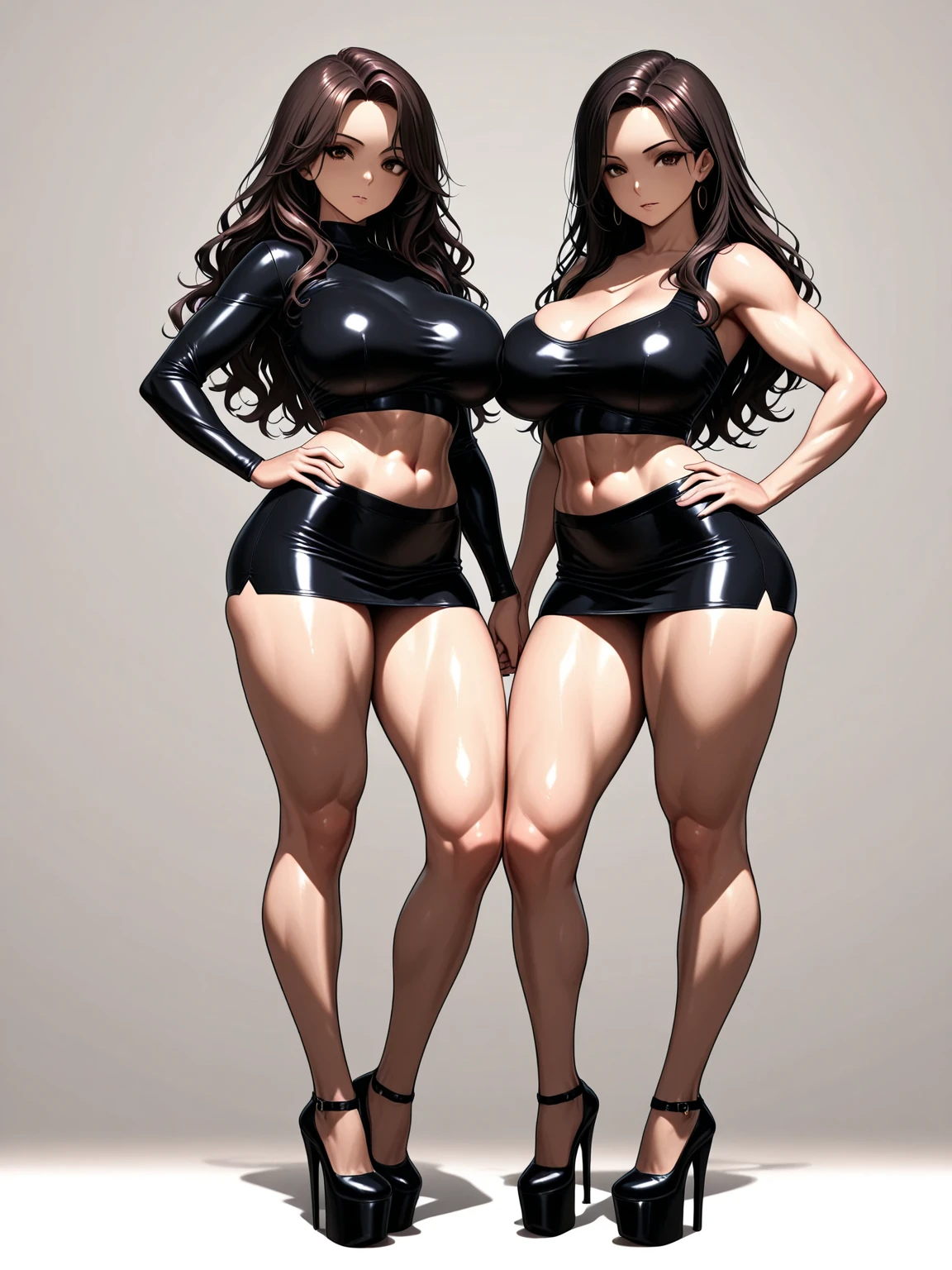 (Plain background:1.2) 1solowoman full body toe to head, short bob white hair, feet together, high boots, big breast big knockers, hands on hips, toned body with six pack abdominal well defined, belly navel, lustful smirking smile face