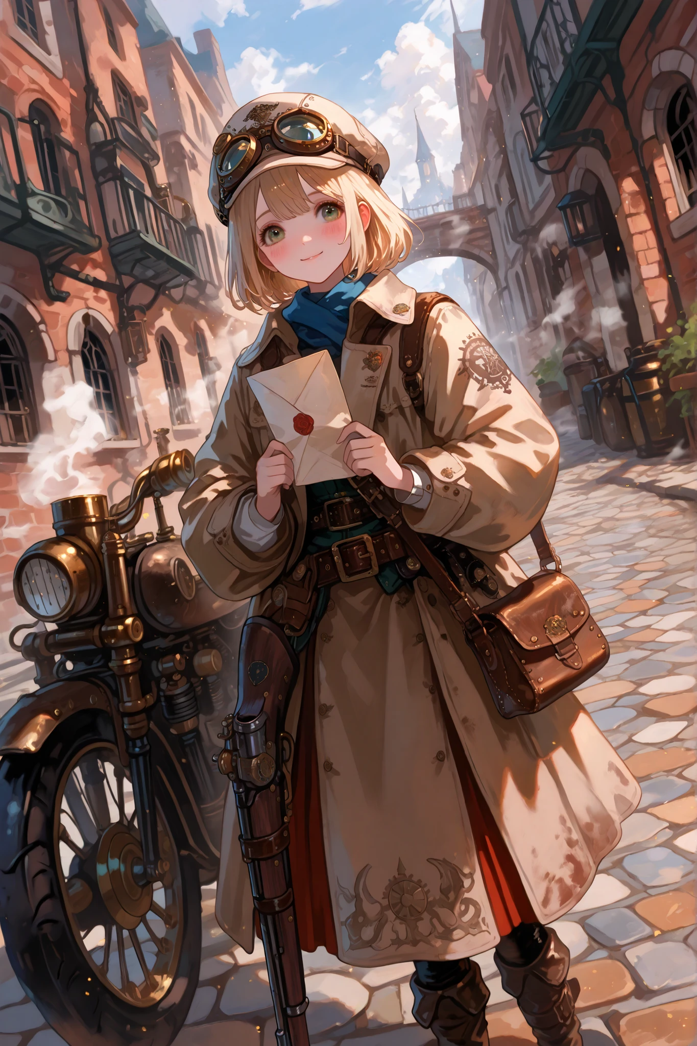 (masterpiece), best quality, (ultra-detailed), beautiful fantastic, 8K wallpaper, perfect face, perfect anatomy, cowboy-shot, from a distance, wide angle view, smile, blush, short stature, very cute young woman delivering mail in a steampunk world, she hanging letters, she standing next to a retro steampunk motorcycle, leather pannier bag, wearing a cap, goggles on her head, a long navy coat, long skirt, leather long boots, a leather shoulder bag, a steampunk townscape, gun belt, musket, cobblestone streets, brick townscape, steam, pipes, from front, fantastic beautiful art