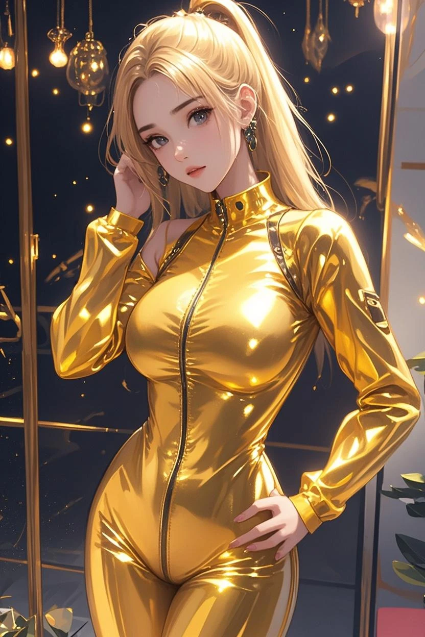 (((Yor Briar))), long black hair, red eyes, ulzzang, gold headband, realistic depiction, elegant appearance, pale and shiny skin, full lips with lip gloss, red and gold monochromatic color scheme, soft lighting, cleavage, huge tits, gold bodysuit, thigh highs, casual, ((arms behind back)), sexy, blushing