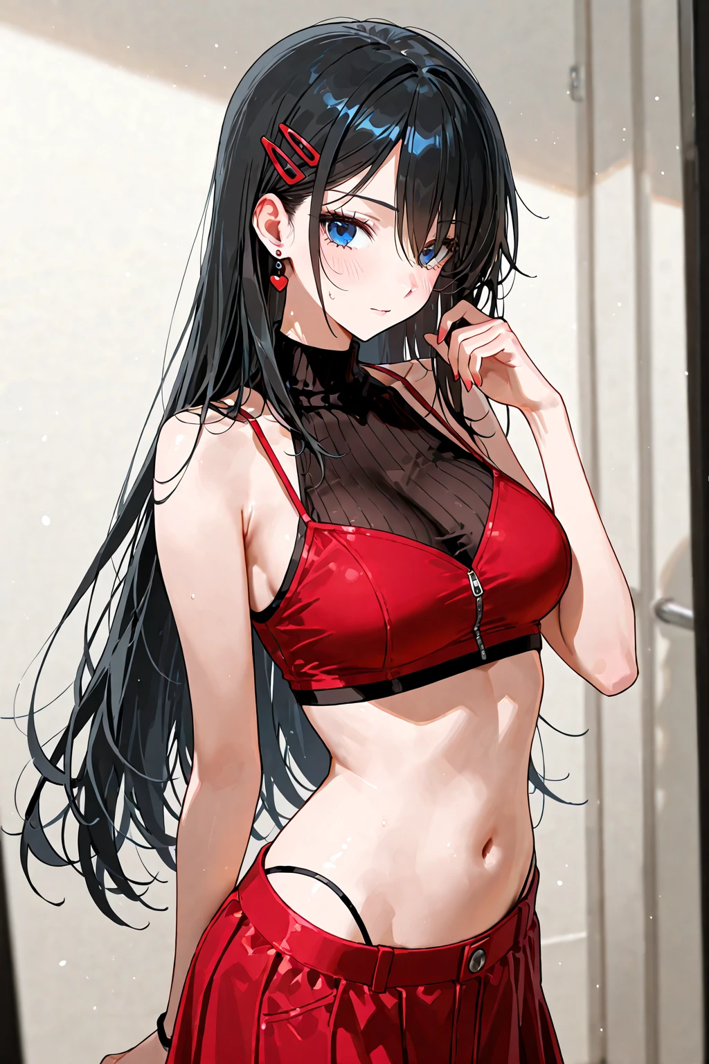 (1) One woman stands wearing a red lace bra and panties。.
(2) she has long black hair.
(3) her face is smiling and laughing.
(4) The location is a convenience store parking lot..