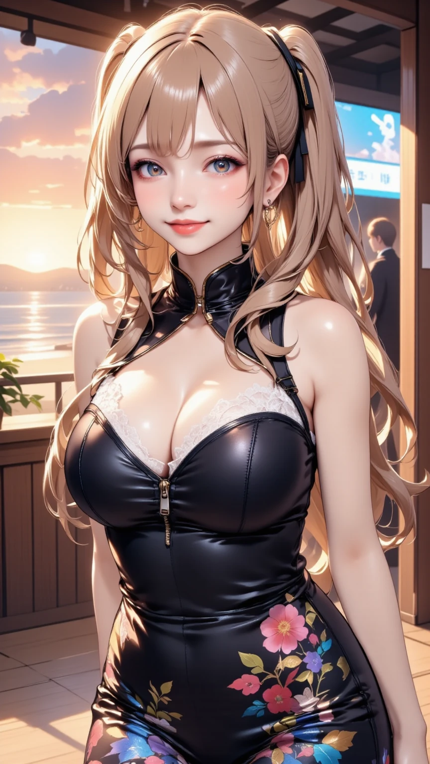 (((UHD)), ((highest quality)), ((masterpiece)), (Very detailed), (High resolution), (Beautiful detailed sparkle), (High detail), (Anatomically correct)), ((Realistic)), ((The best CG)), Ultra-detailed art, CG illustration, 8k, 1080P, Photorealistic:1.37, Anime 2D Rendering,
(((One Woman, Curvy Women))),
(Symmetrical facial features:1.4, Perfect Face), Beautiful clavicle, (Beautiful fingers), (((Beautiful breasts, Slightly smaller chest))),
Beautiful body, Beautiful thighs, Beautiful feet, Perfect round butt, (((Detailed skin, Oily skin, Textured skin, Beautiful white skin:1.4))),
(((Baby Face, cute, 20-year-old))),
(Droopy eyes, Expression of fine eyes, Beautiful and delicate eyes, Sparkling eyes, Eye Reflexes, Dark Eyes),
(Beautiful Nose,Thin Nose),
(Smaller mouth, Glossy Lips, Beautiful Lips, thick lips),
(Beautiful Hair, Shiny Hair, Shiny Hair), (((Blonde, Straight Long Hair, Very long side bangs))),
(Black slit cheongsam:1.4、Tight Dress、Long dress)、Earrings、choker、
BREAK
(smile),
(Close-up shot),
BREAK
((Sitting on a sofa in a nightclub)), ((Top view))