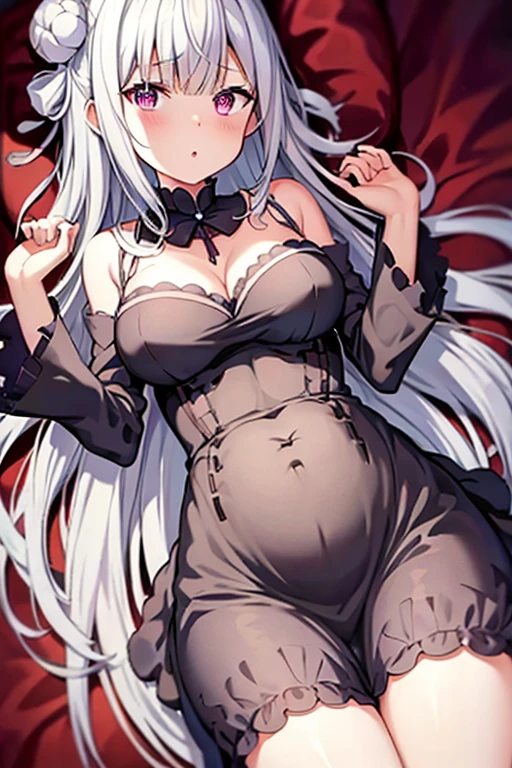 one pregnant anime girl with white hair and red eyes, chained and laying on a bed. Sad. breast feeding