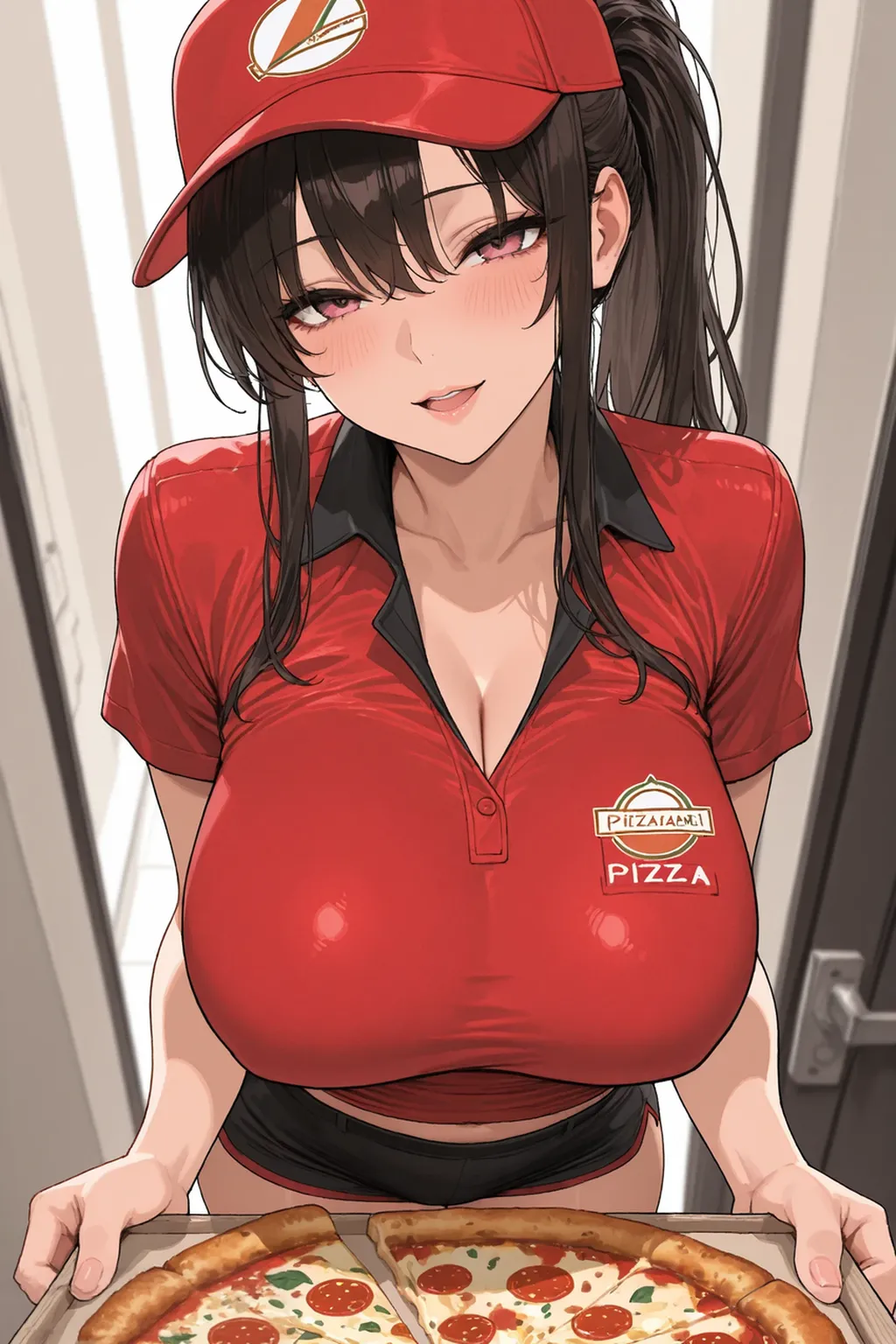 Score_9, score_8_up, score_7_up, score_6_up, score_5_up, score_4_up, source_anime, cute girl, detailed eye, deliverer girl, sleeveless, DHL, yellow uniform, yellow pants, cap, ponytail, sagging gigantic huge biggest breasts, huge dark areolae, areola slip, dark nipple, hairy stomach hair, hairy armpit hair, Japanese, cute Japanese, midriff-baring, sweating, heart mark words, in house entrance, opened door, delivery atmosphere, wide hip, tanned skin, cum shot, cardboard boxes, blushing smile, handjob, penis, hand down,