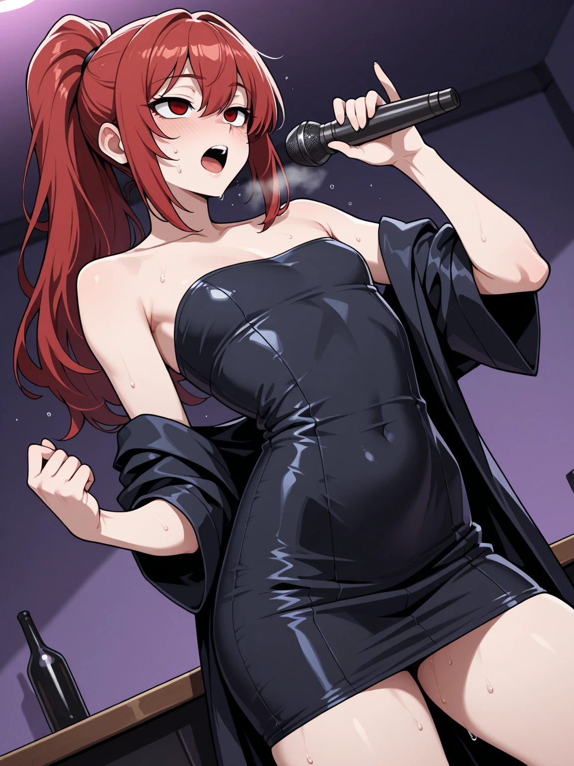 attractive and alluring female dancer is peforming in stage, short hair, red hair, green eyes, lips, black dress, red trim, necklace, bare shoulders, sleeveless, standing, upper body, night club, neon lights, hips, skin tight, (insanely detailed, beautiful detailed face, masterpiece, best quality)
