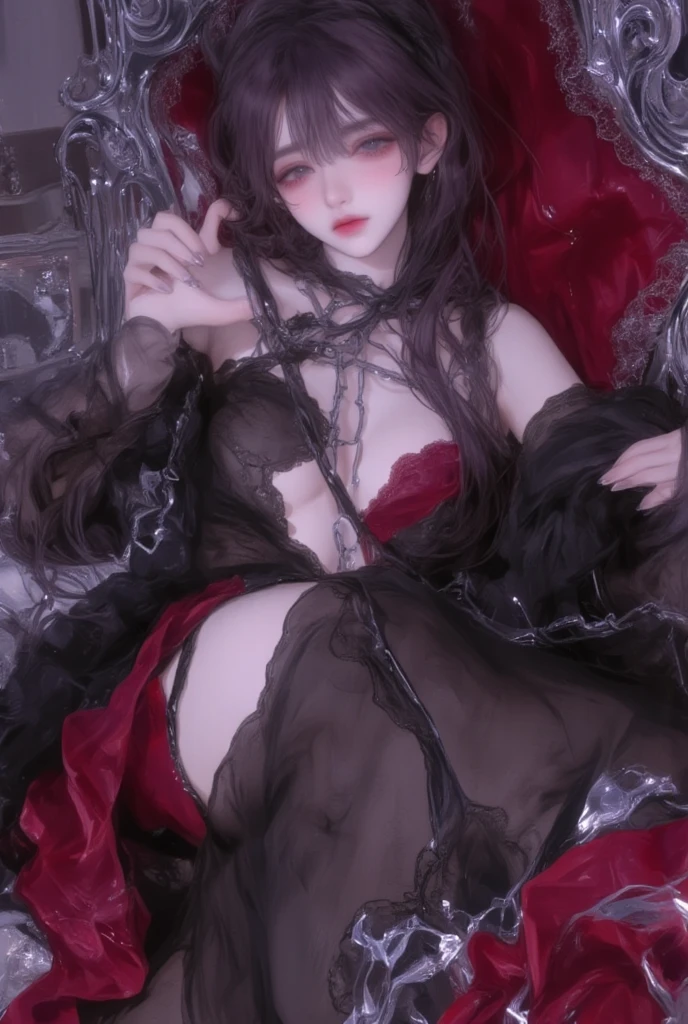 The girl lay on the red bed，covered with tentacles，Fine details。anime big breast。tentaculata，Tentacle surrounding，Wrapped around black tentacles，Some tentacles were touching her，Huge greasy tentacles and eyes，A lot of tentacles that are sucked。hybridization，biomechanical oppai，many tentacles，slime and tentacles，twisted tentacles((((pantyless))))，((trousersless)),((No socks)),((No shoes))),(((The tentacles are inserted into the )))