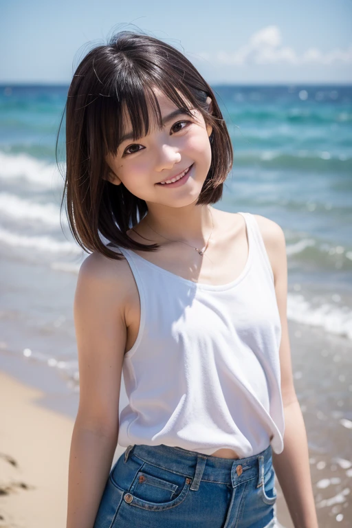 (((Japanese))) ((((One 9-year-old girl、solo)))) whole body写真 Full Shot Short Hair whole body Thighs Casual wear 濡れてSee-throughる服 Tank top ((濡れてSee-throughる))See-through short skirt cute (Shy) Sandy Beach ((See-through)) Sitting cross-legged Shot from between the legs