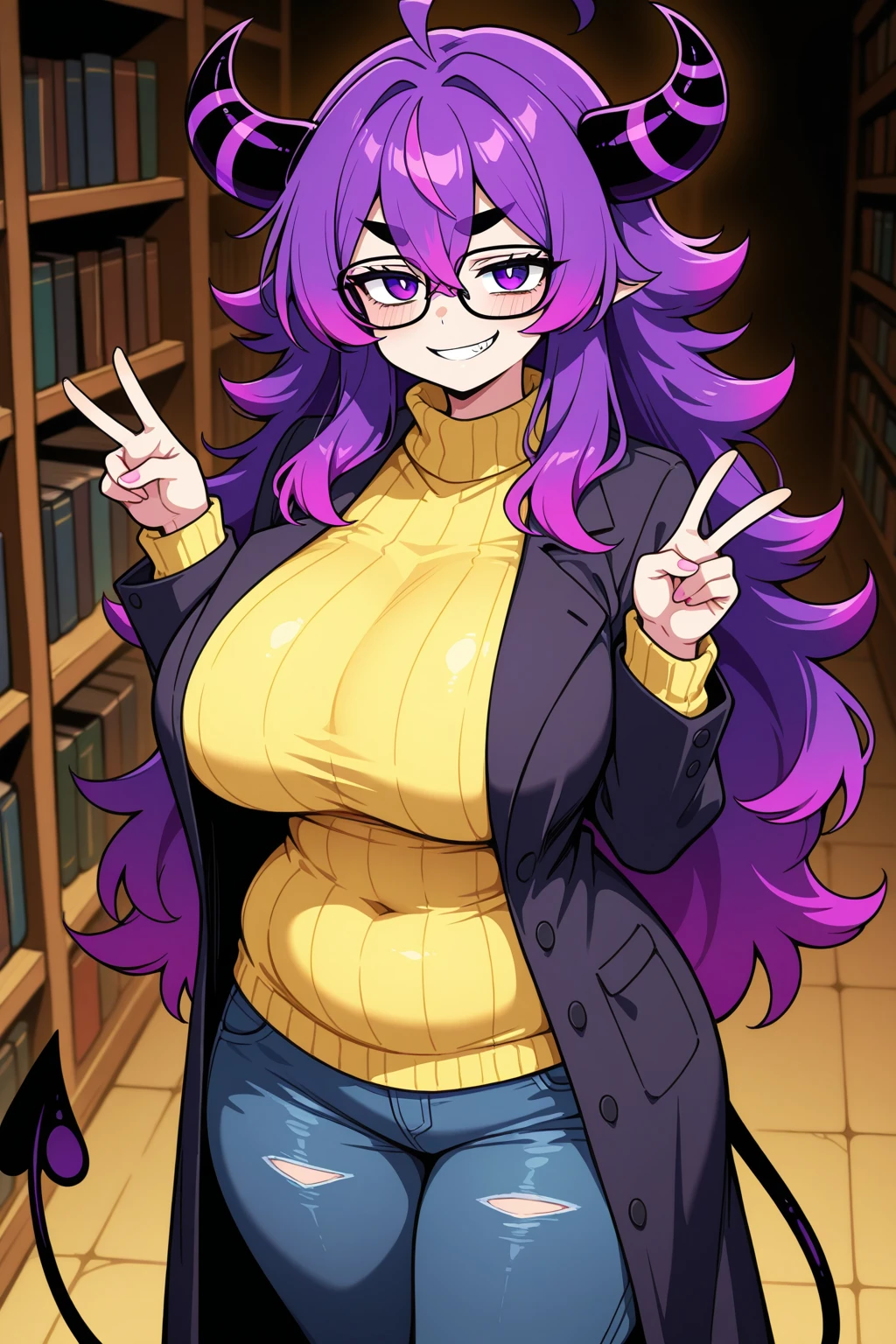 glasses, dark skin, long black kimono, shorts under kimono, big ass, , solo, long hair, smile, hands behind back, office, purple hair, solo, bright eyes, (dark skin), purple hair, (best quality, masterpiece), pov, looking at viewer, 1woman, large breasts, large thighs, dark skin, glasses, short, dark skin, solo,, standing, scales, dark red dragon horns, dark red dragon tail, subtle paterns of bright shades of purple along its limbs and tail, short red and purple eyes