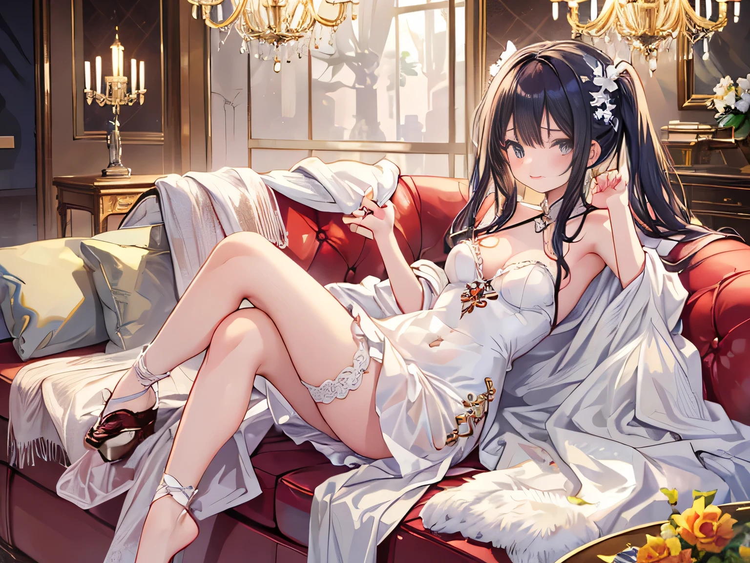 ((((absurdres, RAW photo, extremely delicate and beautiful, masterpiece, Best Quality, ultra high resolution, 32k, hyperrealistic, ultra-detailed)))), in her 20s, very Slim body, narrow waist, very small head, very small face, delicate facial features, beautiful face, beautiful eyes, ((very huge round tits)), medium hair, black hair, wavy hair, tearful mole, earring, full body shot, off-the-shoulder cut top, sofa,