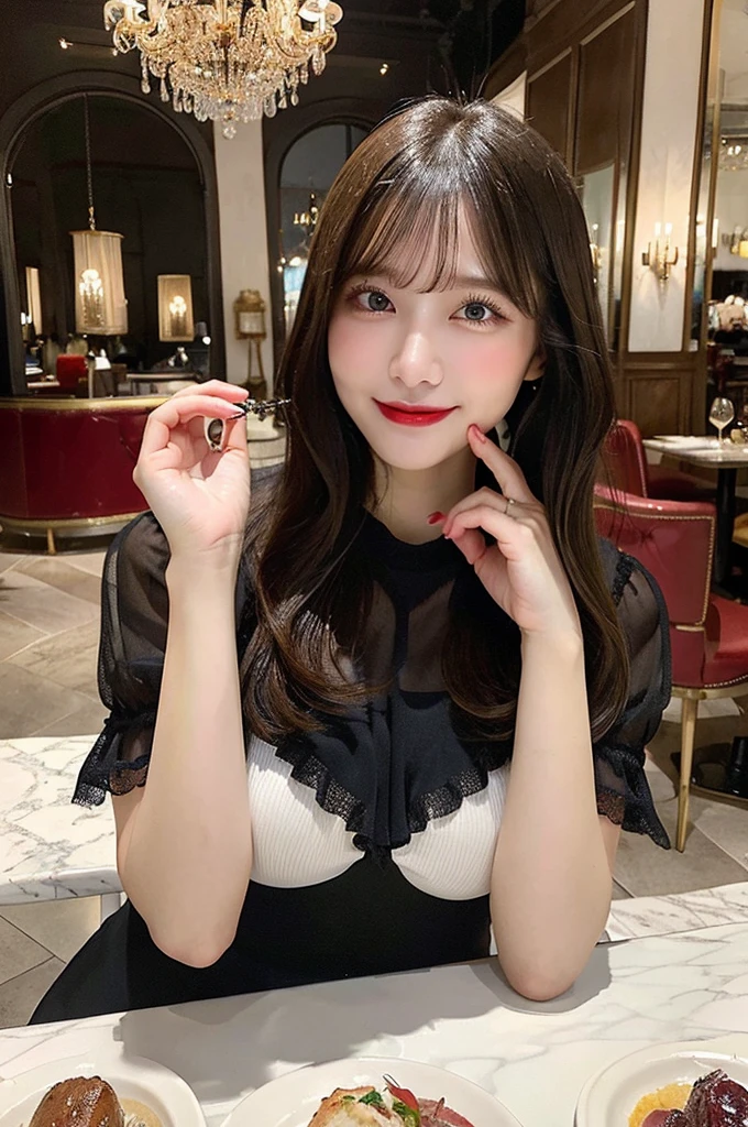 On the table、highest quality、Photorealism、finely、High resolution、8wallpaper、Perfect Dynamic Posture、Beautiful slender eyes and long hair、(Big Plump Breasts 1.3)、Casual sexy pose、Random Situation、Selfie angle,close distance,Looking into the camera,(Tight round neck black mesh lace shirt)、、A kind smile、50 years old、(Perfect Eyes 1.3)、Mature adult beauty、Japanese、