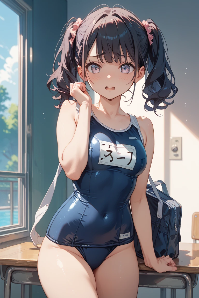 cowboy shot,thin legs,standing,small breast,long twin tails,black hair,navy school swimsuit