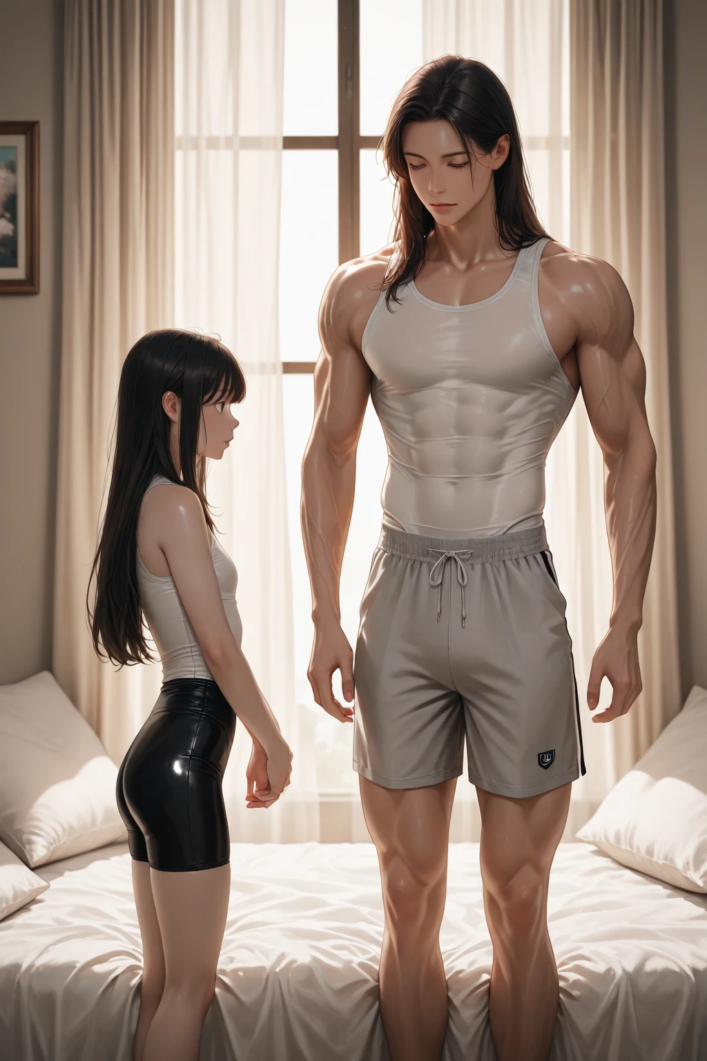 ((1 man and 1 little girl)),suit,handsome,the little girl is very short,standing in the room,smiling,looking at each other,tall figure,masterpiece,wide angle,romance,kiss,sexual relationship,