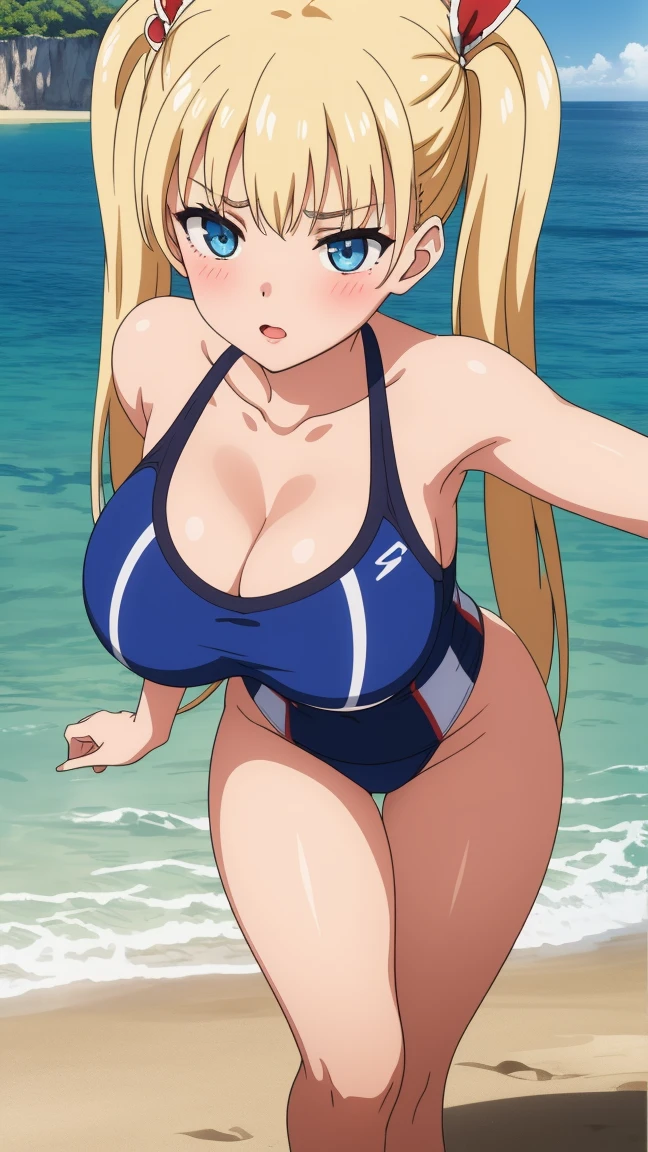 ((Table t○p, highest quality, Hi-Res Lucifer,Anime Screen Capture、Pixel Perfect, 8k, Browsing Caution)))、Perfect Anatomy、((((Brown Skin))))、(((Gal、Huge breasts、Wide Hips、Wide ass)))、(((Navy Blue Competitive Swimsuit)))、Jumping、Sweat, vapor,(blue eyes)、((Blonde、long hair、Ahoge)),  ((((surprised、Embarrassing、blush))))、(Poolside)