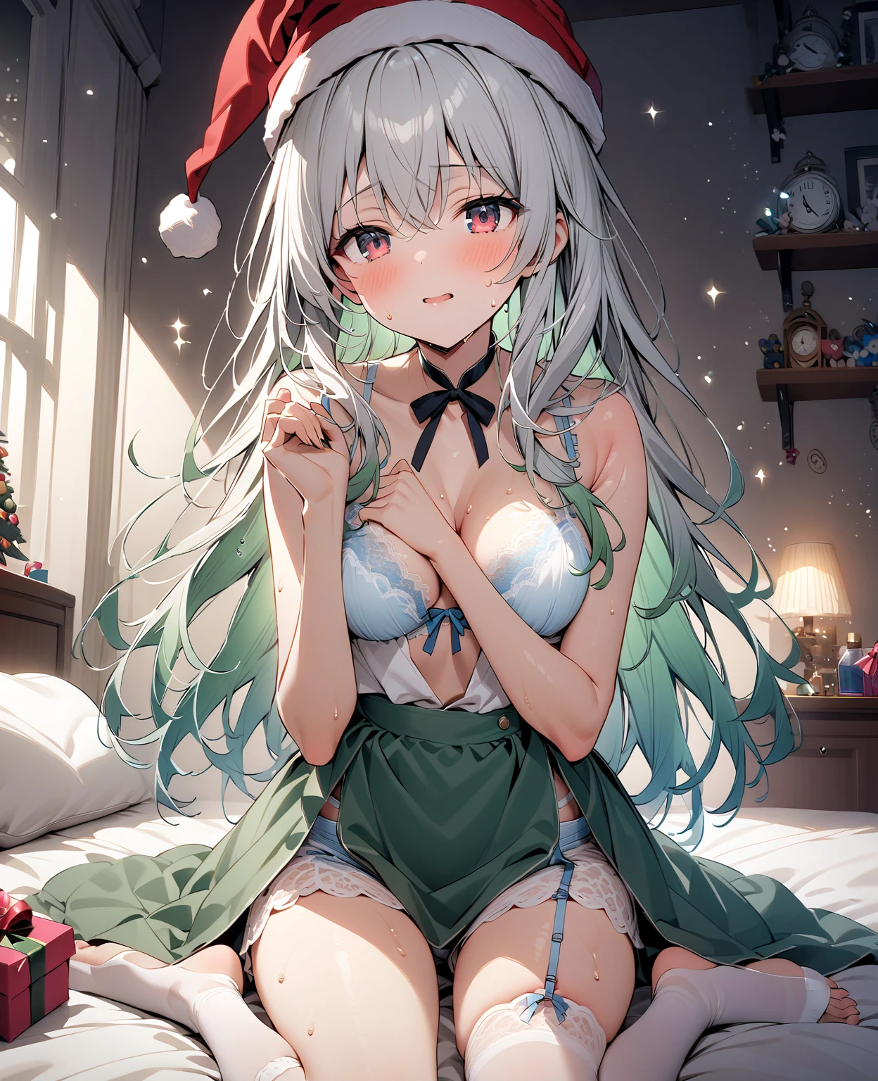 ((8k, Highest quality, masterpiece: 1.3)),Ultra-high resolution,(1 girl, alone), (Color changing eyes, Ultra-detailed, Expressive brilliance, Glitter, Glowing Eyes), Highly detailed eyes, Highly detailed face, Random Hair, ((pastel colour))A confident young woman with pastel green hair styled into a sleek bob, sitting on the floor near her bed during the golden hour of the evening. She is wearing a dark red bikini with a deep scoop neckline that enhances her cleavage. The camera captures her from a frontal, slightly low angle as she sits in an "M" pose with (open legs:1.4), her arms resting on her thighs. The golden light of the setting sun bathes her in a warm glow, with the room’s elegant decor complementing the sultry and confident mood.

