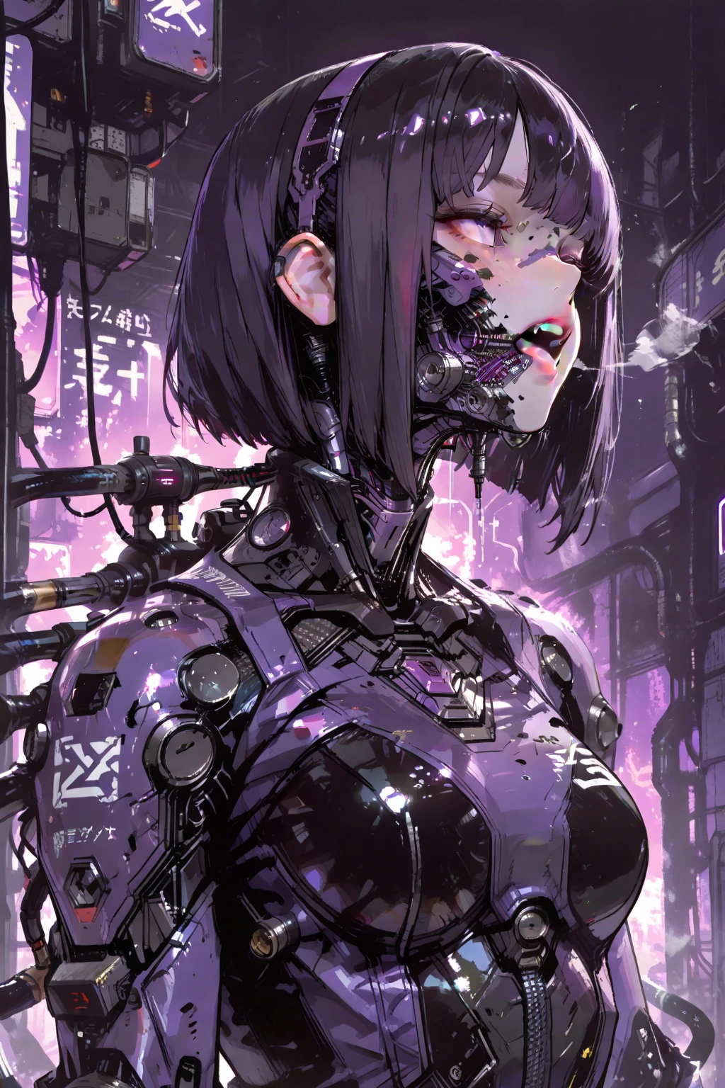 <lora:ghostintheshell_kusanagi_sac:1>, purple hair, red eyes, 1mechanical girl,((ultra realistic details)), portrait, global illumination, shadows, octane render, 8k, ultra sharp,metal,intricate, ornaments detailed, cold colors, egypician detail, highly intricate details, realistic light, trending on cgsociety, glowing eyes, facing camera, neon details, machanical limbs,blood vessels connected to tubes,mechanical vertebra attaching to back,mechanical cervial attaching to neck,sitting,wires and cables connecting to head