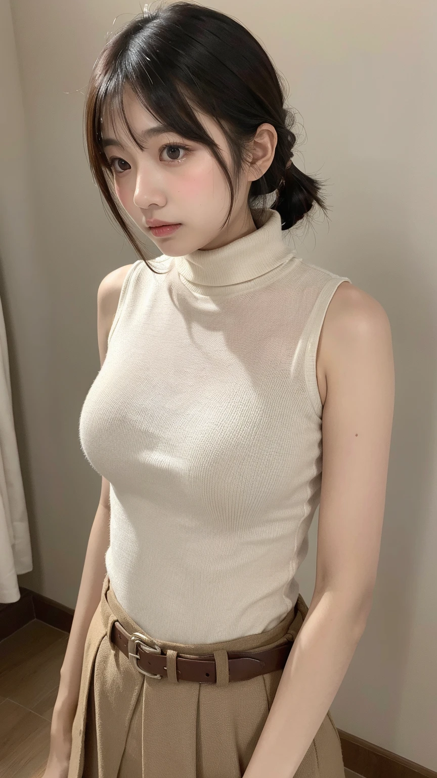 (8k、RAW Photos、Highest quality、masterpiece:1.2)、(Realistic、Realistic:1.37)、Very detailed、Ultra-high resolution,(((Only one girl、Japanese、Skinny athletic model、Flat Chest)))、Mature Woman、Wearing a white turtleneck sleeveless sweater、Wearing a mini skirt、The whole body is shown, including the thighs..、On the bed in the room at home、