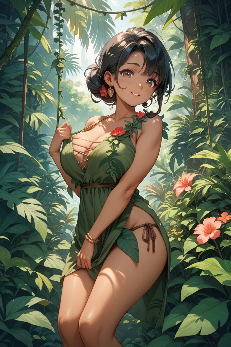 (masterpiece, best quality, detailed), 1girl, solo, looking at viewer, 1girl, <lora:adawong-re-richy-v1:1>, adadress, black eyes, <lora:hu1a4-000009:1>, lei, grskirt, jungle, nature, vines, moss, fern, tropical, dappled sunlight, waterfall, hibiscus, red flower, dutch angle, crossed arms, breast hold, arms under breasts, closed mouth, blush, sweatdrop