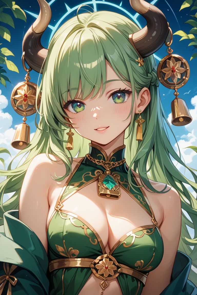 Hiedra, a captivating character with mesmerizing emerald eyes, is depicted in this enchanting image. She boasts long, cascading green hair, adorned with delicate flowers and vines. Her face is framed by lush, verdant bangs, adding to her ethereal beauty. A radiant smile plays on her lips, accompanied by a subtle blush, further highlighting her allure.

Set against the backdrop of a lush, tropical rainforest, Hiedra stands solo in a serene, indoor setting. Her perfect hands, with their intricately painted nail art, are poised gracefully, adding to the overall aesthetic appeal. Her skin