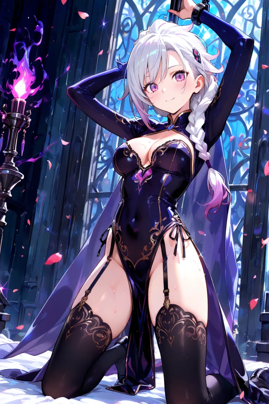1girl, anime, cute girl, blank background, white background, fantasy, detailed fantasy dress with highlights, beautiful face, beautiful eyes, dark colors, black hair with multicolor streaks, red eye with different color pupil in eye, multicolor eye, medium breasts, slight cleavage, beautiful skin, cute, breast curtains, extremely delicate and beautiful, (beautiful detailed face:1.0), (detailed deep eyes), symmetrical breasts, deep eyes, shiny skin, portrait, slender waist, hips wider than shoulders, thighs, expressionless, young girl, luminous eyes, adorable，（Kpop idol）,（aegyo sal：1），（Platinum blonde hair：1），（（puffy eye）），Black panty，sexy posture，Superskirt, Ultra-high resolution，Black collar，slim figure, Abdominal y tattoo, womb tattoo，Tight-fitting leg ring，y tattoo on half-body，Bare skin, Armored hand，Hidden fingertips，Hand covered，Arm covered，Fist covered,{{beautiful detailed fingers}}, tufts of hair, moderate beautiful breast:1.0,(masterpiece:1.2), best quality, high-res, HDR, perfect face, intricate armor, delicate blue filigree, intricate filigree, red metalic parts, detailed part, dynamic pose, dynamic lights, cute face, neutral expression