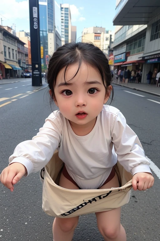 1 year old Japanese baby crawling in the middle of the road at night Portrait photo Night Bright Creepy