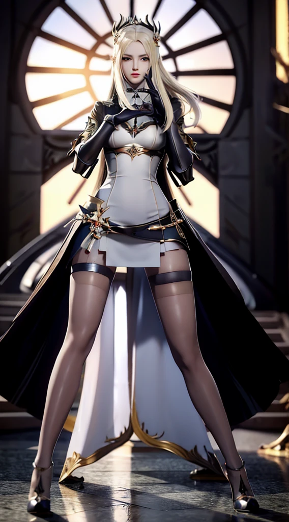 A woman in a short skirt and boots stands by the window，both hands on hip，，1 plump girl，blond hair blue eyes，mediuml breasts，Wear gloves at the elbows，mitts，Long gray hair，looking at viewert，，校服，footwear，Shokuhou Cape，a skirt，Alone，symbol shape student，upper legs，Tongue rest，Stick out her tongue，whitegloves，White shin guards，yellow eyes