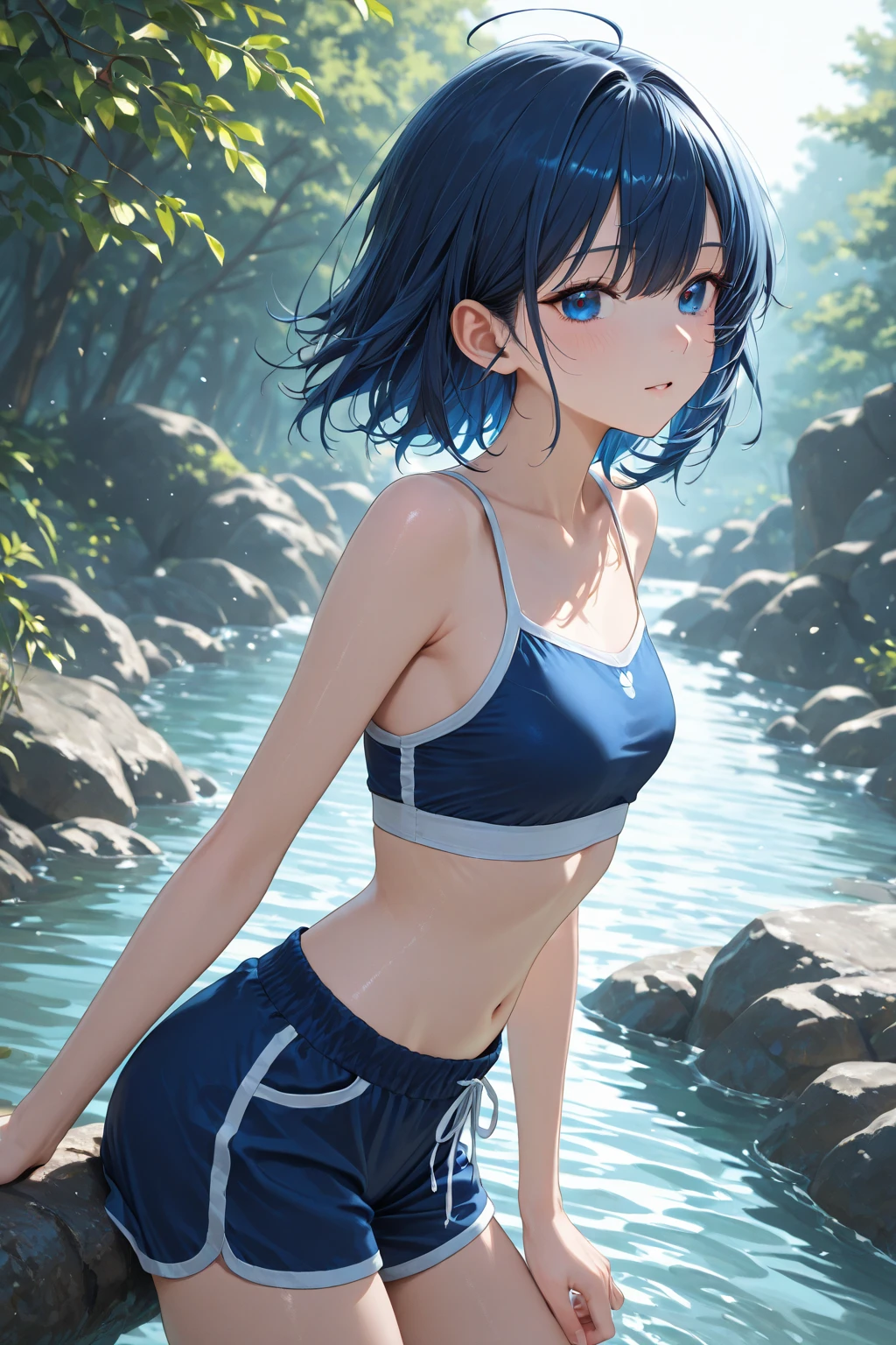 score_9, score_8_up, score_7_up, 1girl, solo, cowboy shot, underwear, sports bra, black panties, leg markings, thigh markings, shoulder markings, arm markings, hand markings, brown eyes, chest jewel, sena, fiery hair, short hair, outdoors<lora:sena xl 010 fro 95:1>