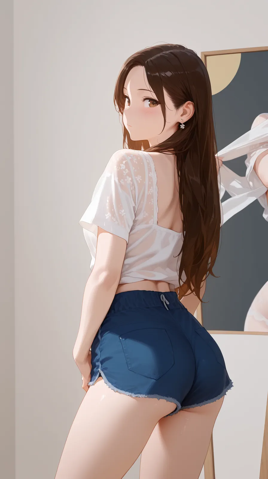1girl, brown hair, sweater, crop top, jeans, looking back, cowboy shot,