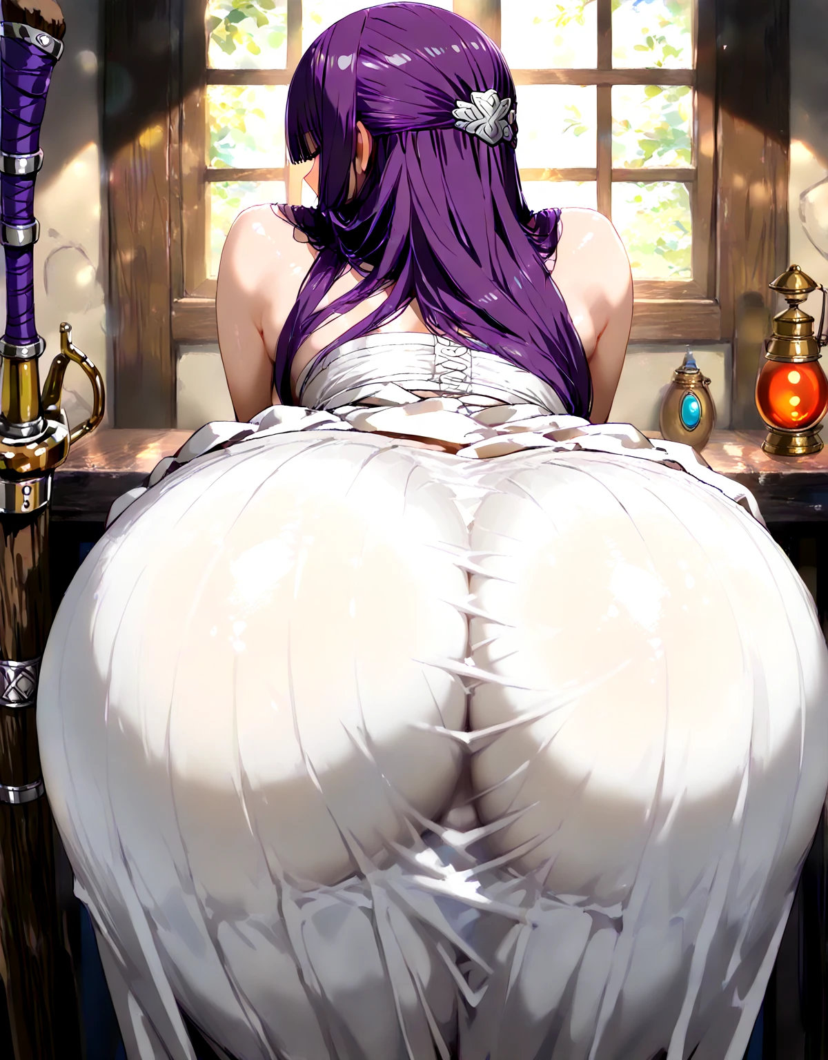 Best Quality, Solo, huge-breasted, gargantuan butt, very curvy, white long single folds, Lilac eyes, Full lips, Seductive, Smiling, priestess uniform, nun