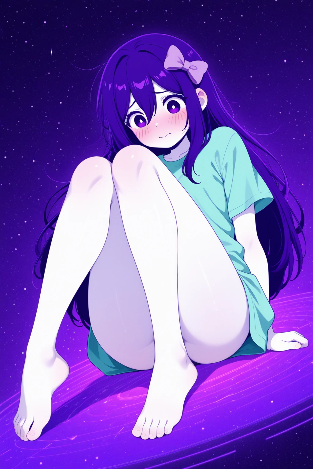 Long curly hair haired anime woman, light blue/colorful mixed hair, with rainbow hair bow, wearing a cardigan and comfortable shorts in bed, purple eyes with small breasts, starry hair clips in hair, naked, nipples, long thigh socks woven beige colored, pussy soaking wet