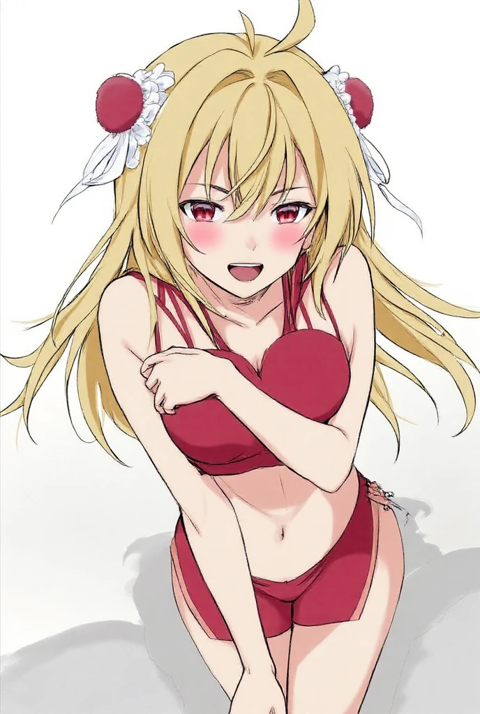 One girl, solo, Heart-shaped eyes, Ahegao, Large Breasts, Simple Background, Cowboy Shot, ribbon, Sparkle Effect, Micro Bikini, Kneel, Anime Style, masterpiece, High resolution, Anatomically correct, accurate, Textured skin, Very detailed, Ultra high definition,