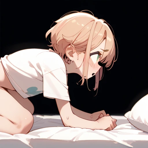 (Crossdresser),blonde low twintails,服の隙間Voyeur,On all fours,Voyeur,T-Shirts,Groin bulge,Side view,Masturbation