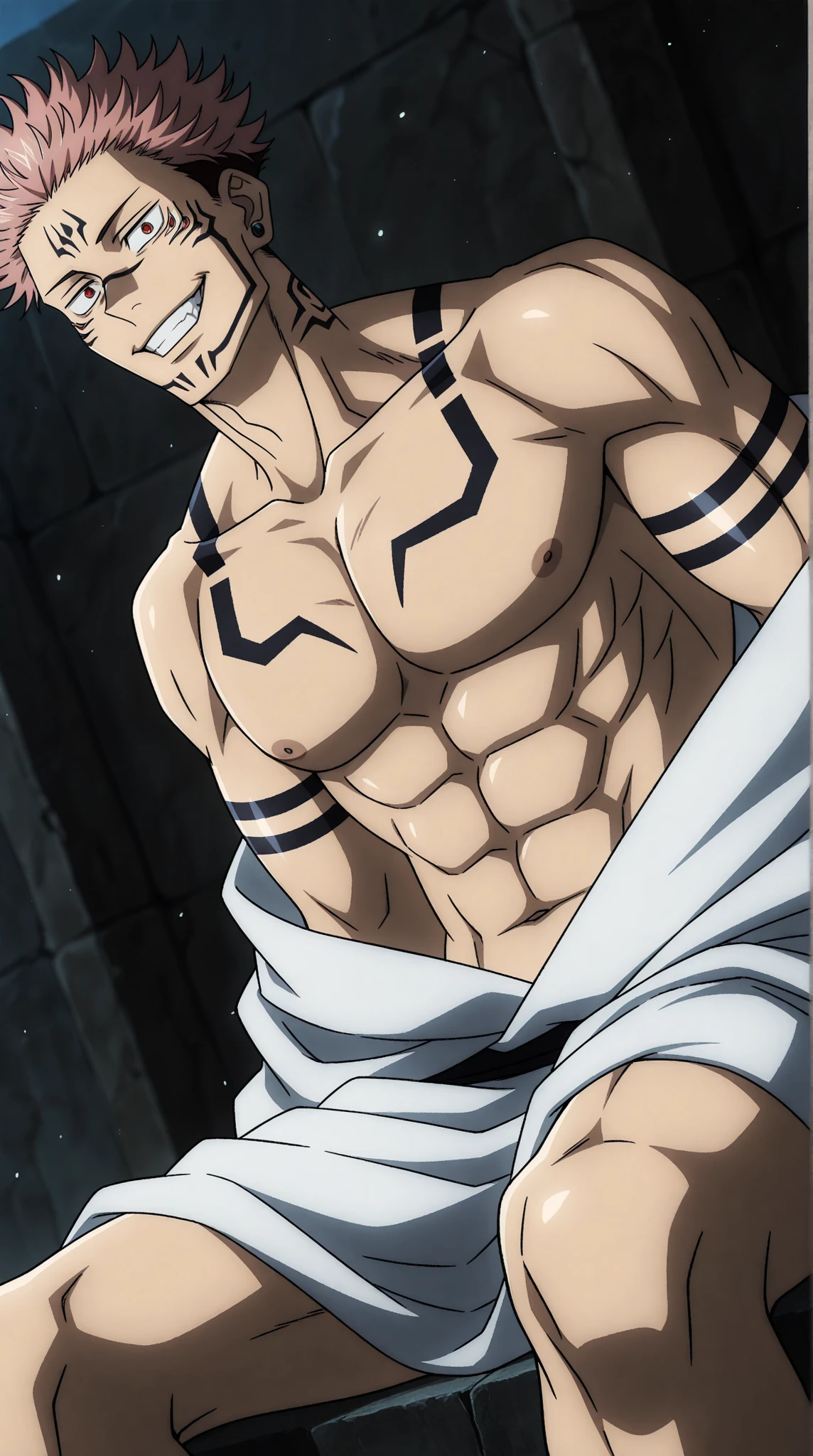 Asta from Black Clover, wearing white underpants, flexing his arms, bodybuilder, smiling, defined body, shirtless, abs, big legs