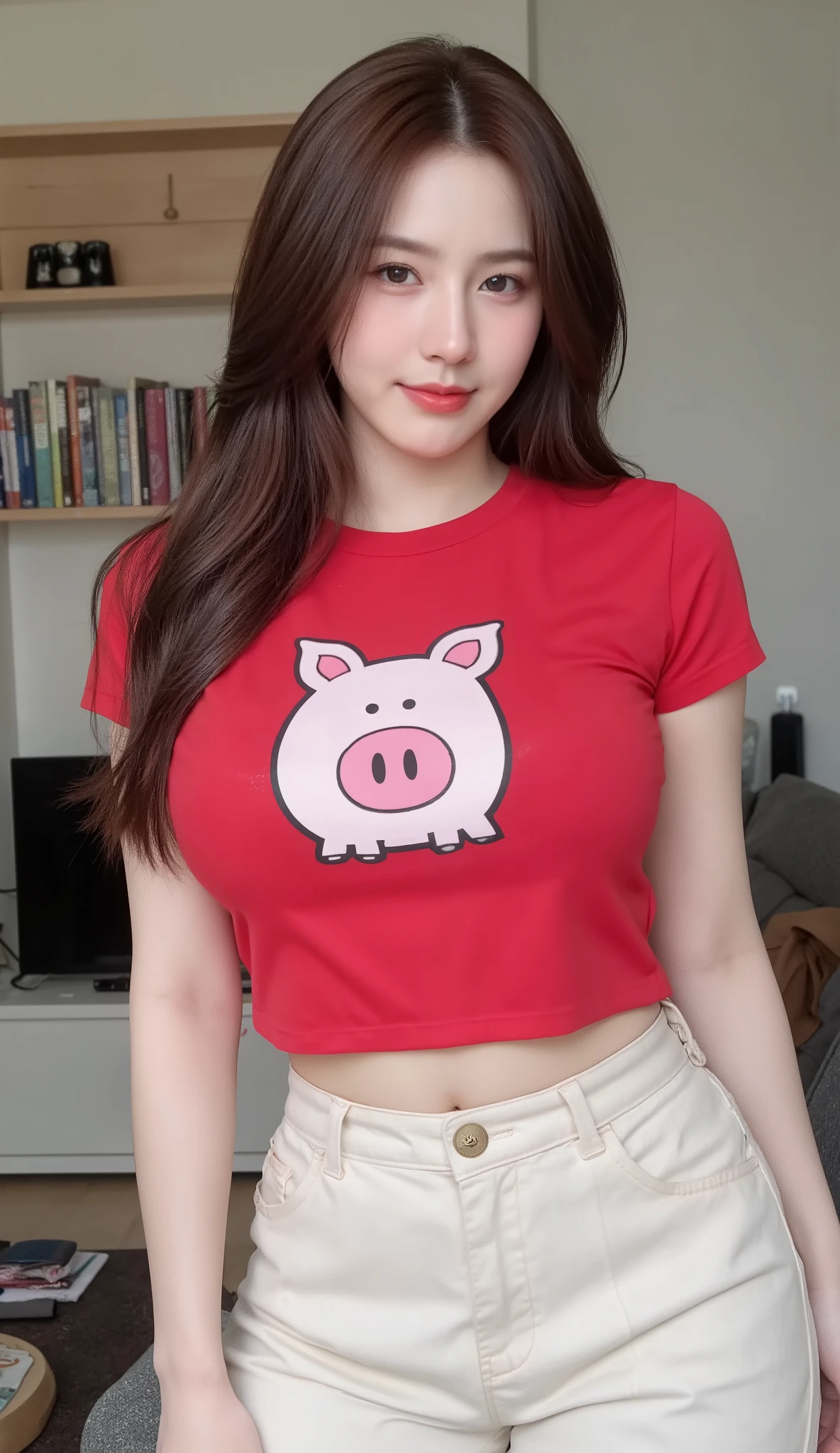 Teen Girl Beautiful Face Big Boobs Small Attractive Shape Hourglass Perfect Proportion Camera View Excellent Quality High Resolution 8K Sharp Focus Very High Detail Realistic Like Photo Natural Light Smooth Skin
Wear a pig blood red T-shirt with a black and white cartoon stripe print on the chest, regular straight release sleeves, paired with cream canvas pants with a slight wrinkle, flared leg style.
Standing in front of the camera, straight face, camera angle seen from waist up
The background is any place that matches the dress of the model.