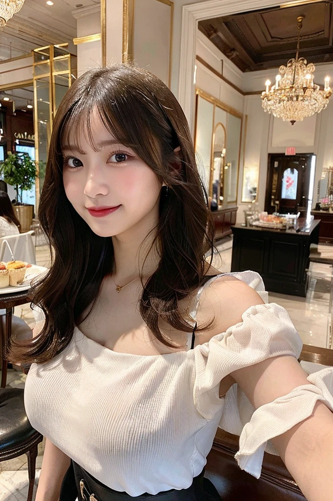 ,(tareme:1.3),,kind eyes,huge breasts,(beautiful japanese woman),pointy nose,straight hair,look at viewer,off-the -shoulder,blouse,shiny skin,cleavage,fellatio gesture,sitting on sofa at cafe,21 years old,tender smile,no makeup