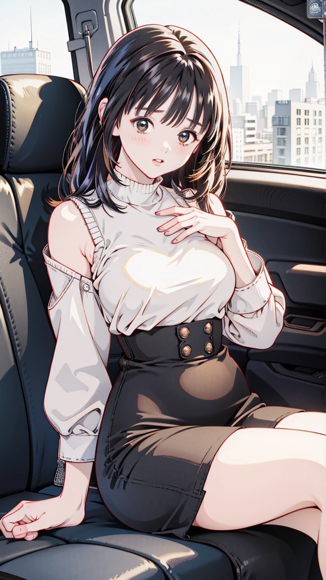 (((masterpiece))),(((High resolution)))、Beautiful office lady wearing black sleeveless sweater and pencil skirt, Looking at the camera, ((Top quality eyes)), Detailed face, ((Detailed Texture)), hentai, in the super car driver’s seat 
