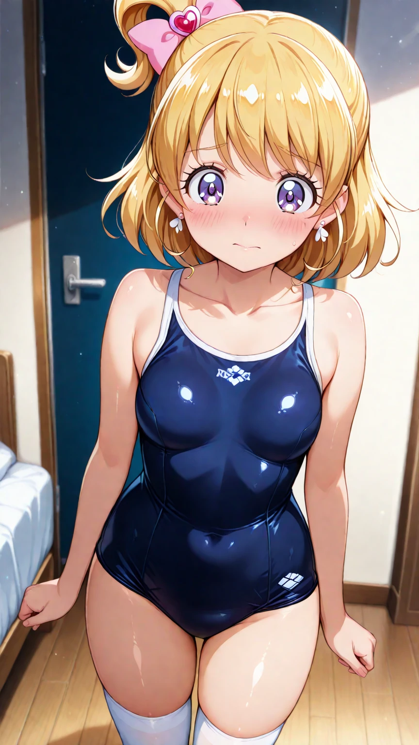 High resolution, woman , good lighting, despicable, , (No nudity), (((navy blue school swimsuit))), ((navy blue school swimsuit)), (((knee high socks))), cute face, I'm embarrassed and blush, humiliating, ((sit with legs spread)), ((wet with sweat))((A sticky liquid adheres to the body))sit on the bed in the room、