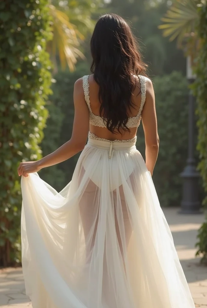 The best wallpaper, Award-Winning Wallpaper, portrait photography, on back, there is a portrait of a beautiful 35 year old married Indian woman, healthy, With curves, long  hair, black, plain and casual, backless, usando um top transparente backless com uma saia longa transparente sem roupa interior, back view photo, whole body, Shot with Canon EOS R5, Set a strong contrast that accentuates the subject, casual heels in fashion, beautiful background on the village balcony
