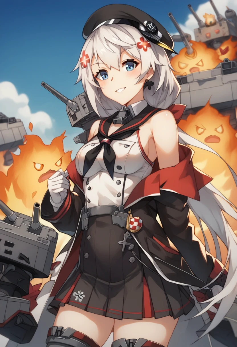 masterpiece, best quality, highres, aaeugen, long hair, two side up, antenna hair, headgear, iron cross, sideboob, mole on breast, military uniform, grey dress, buttons, long sleeves, black gloves, garter straps, black thighhighs, <lora:prinz_eugen_(azur_lane)_v1:0.7>, hand on hip, smirk, (explosion:1.1), ocean,
